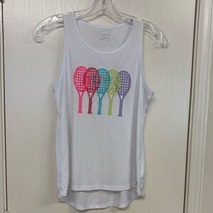 White Tank Top with Colorful Tennis Racket Design